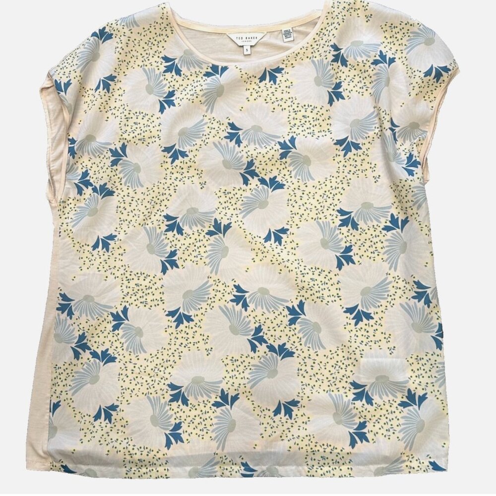 Ted Baker London Floral Top MultiColor Cap Sleeve Stretch Size 5 - US Size Large